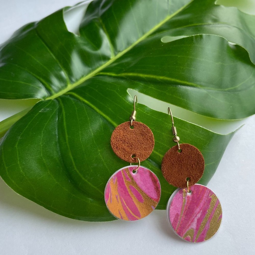 Leather Earrings, Pink & Gold Earrings, Geometric Earrings, Minim…